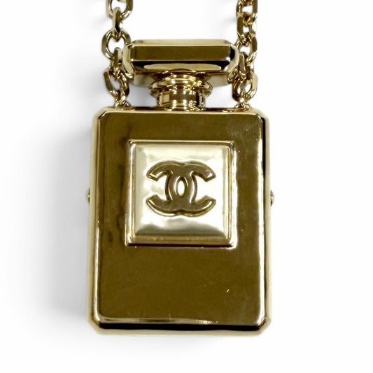 Chanel CC Logo Perfume Bottle Locket Pendant Gold White Necklace