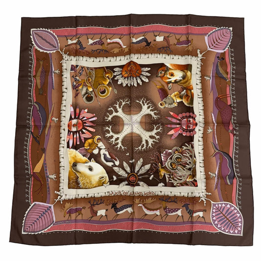 Hermes Carre 90 la Vie du Grand Nord Life in the Arctic Silk 100% Scarf Brown