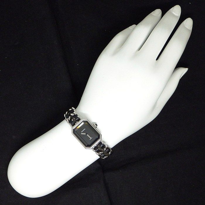 Chanel Watch Premiere S Octagonal Black Dial Chain Bracelet Leather Strap SS — view 8