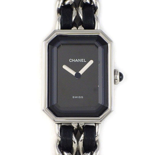 Chanel Watch Premiere S Octagonal Black Dial Chain Bracelet Leather Strap SS