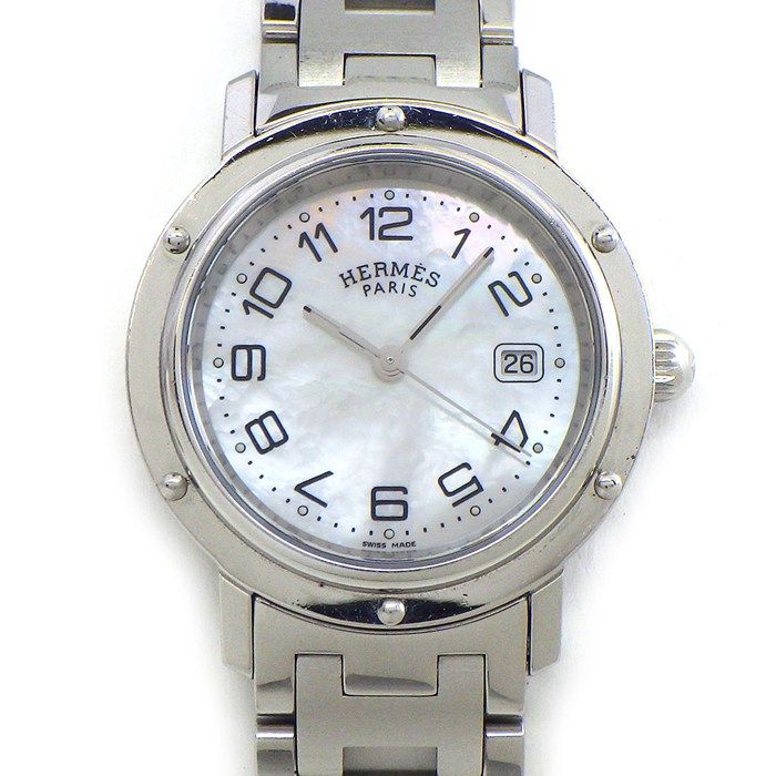 Hermes Watch Clipper White Shell Dial Date Luminous Hands Index SS Quartz Analog