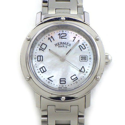 Hermes Watch Clipper White Shell Dial Date Luminous Hands Index SS Quartz Analog