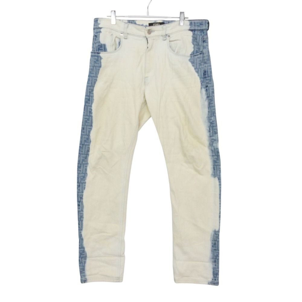 Fendi Denim Pants Zucca Pattern Bleached Jeans Blue White /34 33