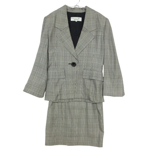 Dior Set Silk Blend Wool Skirt Suit Tailored Jacket Blazer Glen Plaid Slit White