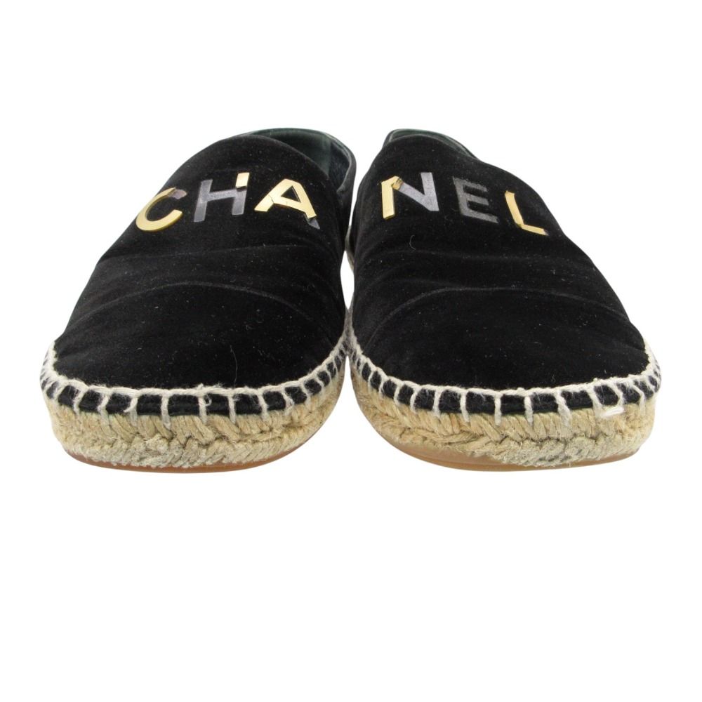 Chanel Slip-on Espadrilles Velour Logo Plate Flat Shoes Jute Black