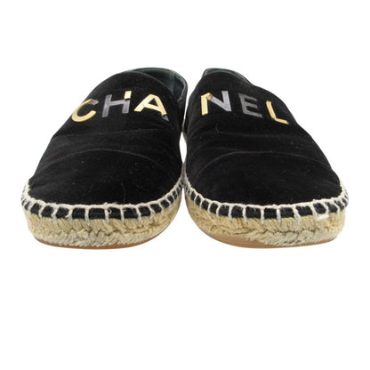 Chanel Slip-on Espadrilles Velour Logo Plate Flat Shoes Jute Black