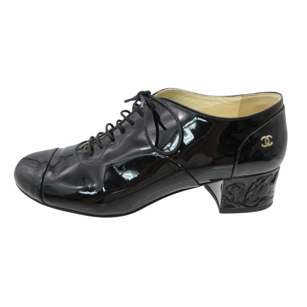 Chanel Loafers Patent Leather Shoes Heels Camellia Design Logo Black 36C
