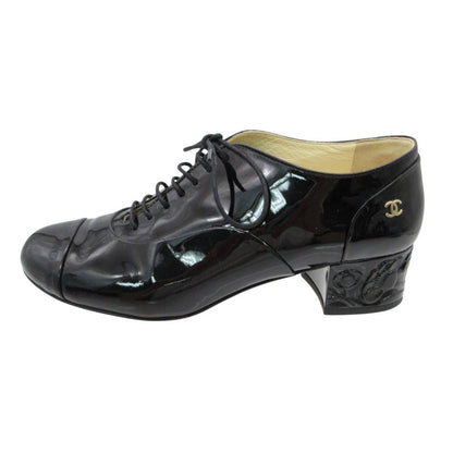 Chanel Loafers Patent Leather Shoes Heels Camellia Design Logo Black 36C