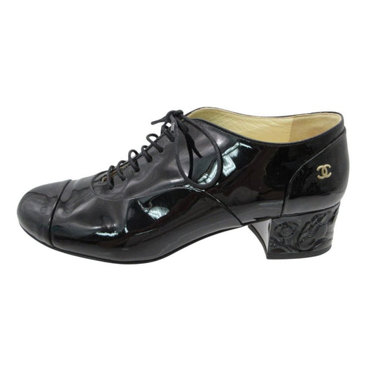 Chanel Loafers Patent Leather Shoes Heels Camellia Design Logo Black 36C