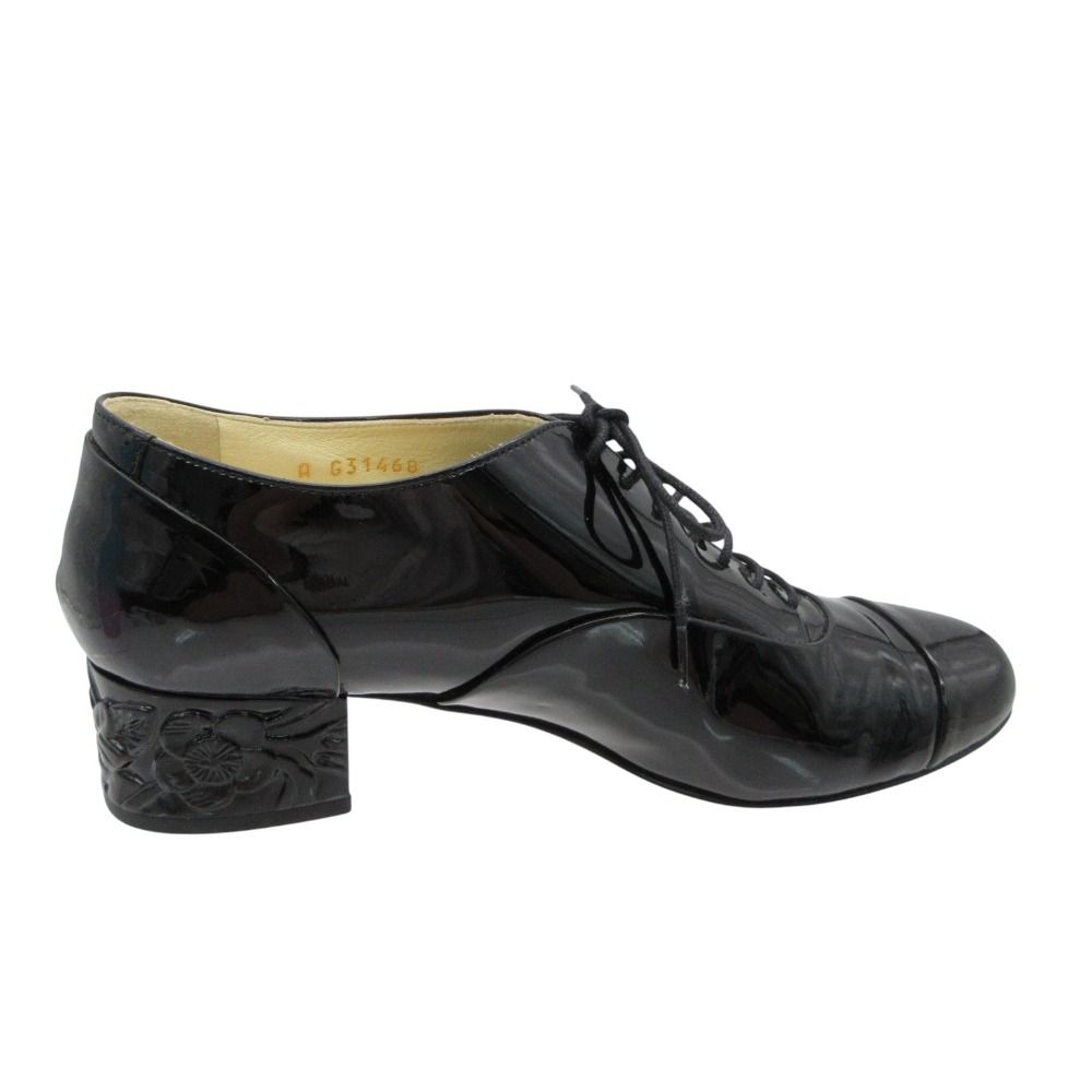 Chanel Loafers Patent Leather Shoes Heels Camellia Design Logo Black 36C — view 4