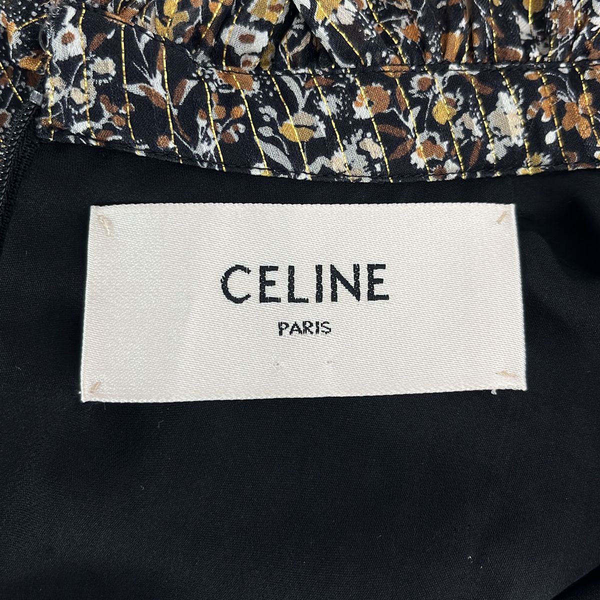 Celine Silk Stripe All Over Print Ruffle Color Dress Black Gold Brown 36 — view 5