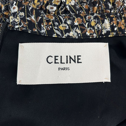 Celine Silk Stripe All Over Print Ruffle Color Dress Black Gold Brown 36 — view 5