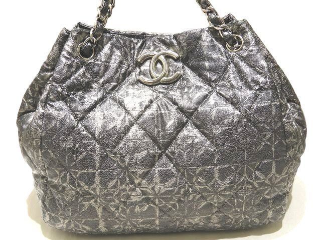 Chanel Nylon Processed Chain Shoulder Bag Gray Silver CC Logo Quilted