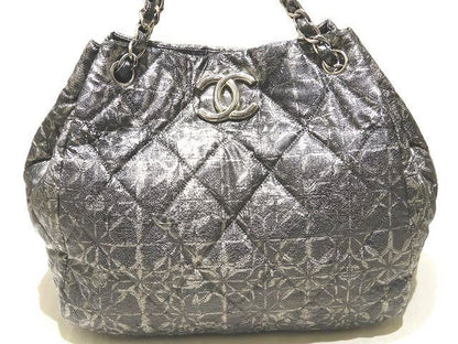 Chanel Nylon Processed Chain Shoulder Bag Gray Silver CC Logo Quilted