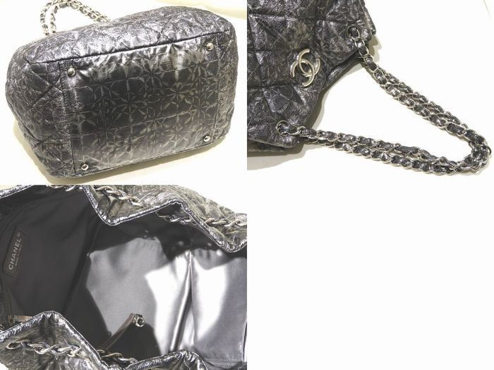 Chanel Nylon Processed Chain Shoulder Bag Gray Silver CC Logo Quilted — view 2