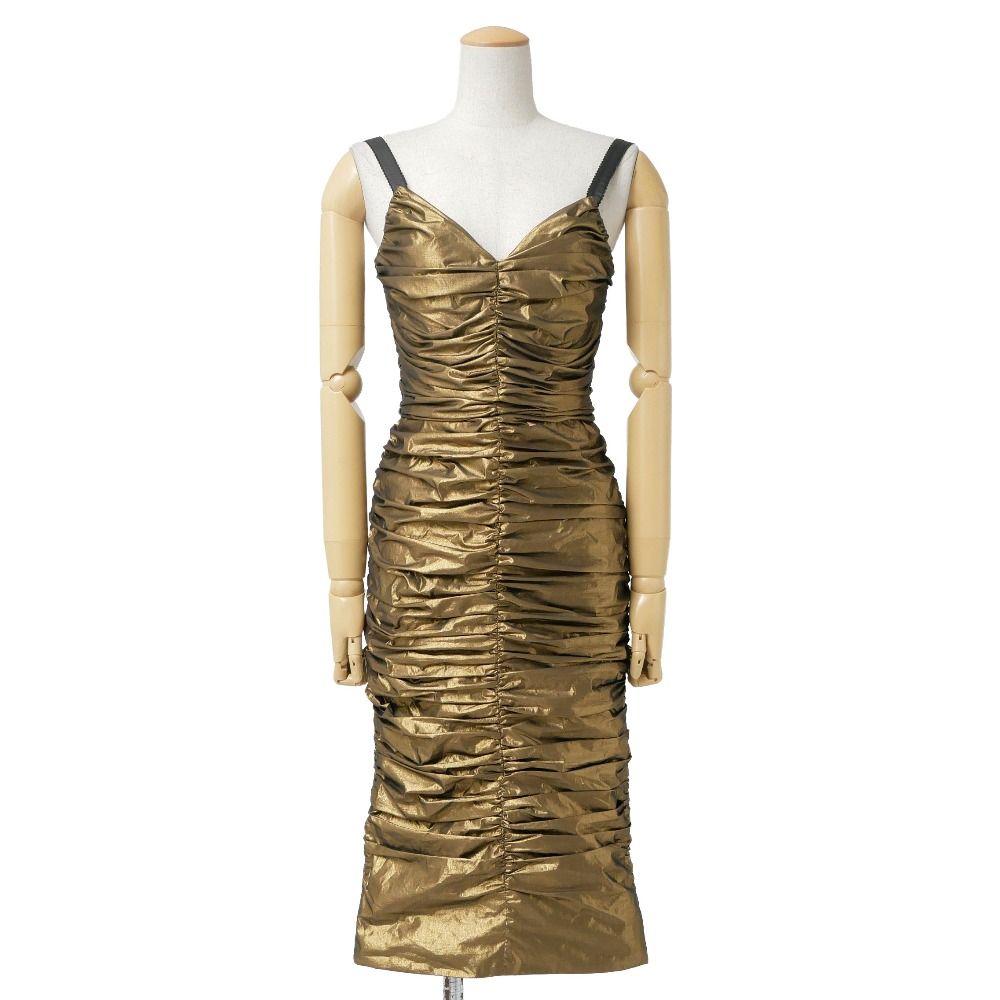 Dolce & Gabbana Dress Gathered Shirred Sleeveless Metallic 38