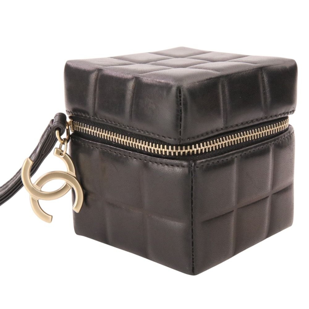 Chanel Wristlet Cube CC Logo Choco Bar Leather Pouch Black — view 3