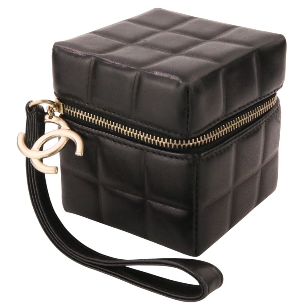 Chanel Wristlet Cube CC Logo Choco Bar Leather Pouch Black