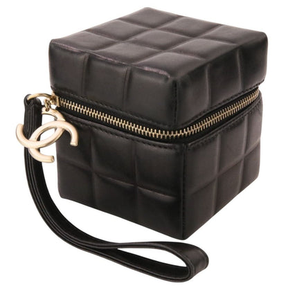 Chanel Wristlet Cube CC Logo Choco Bar Leather Pouch Black