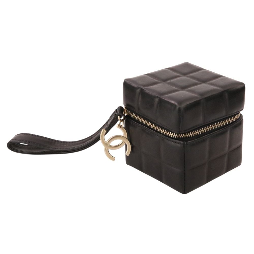 Chanel Wristlet Cube CC Logo Choco Bar Leather Pouch Black — view 2