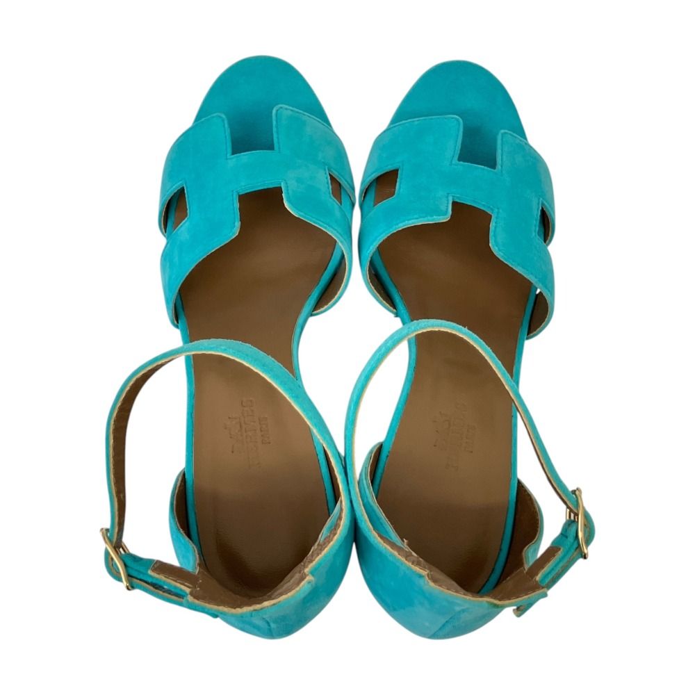 Hermes Legend H Motif Wedge Sole Sandals Turquoise Blue — view 4