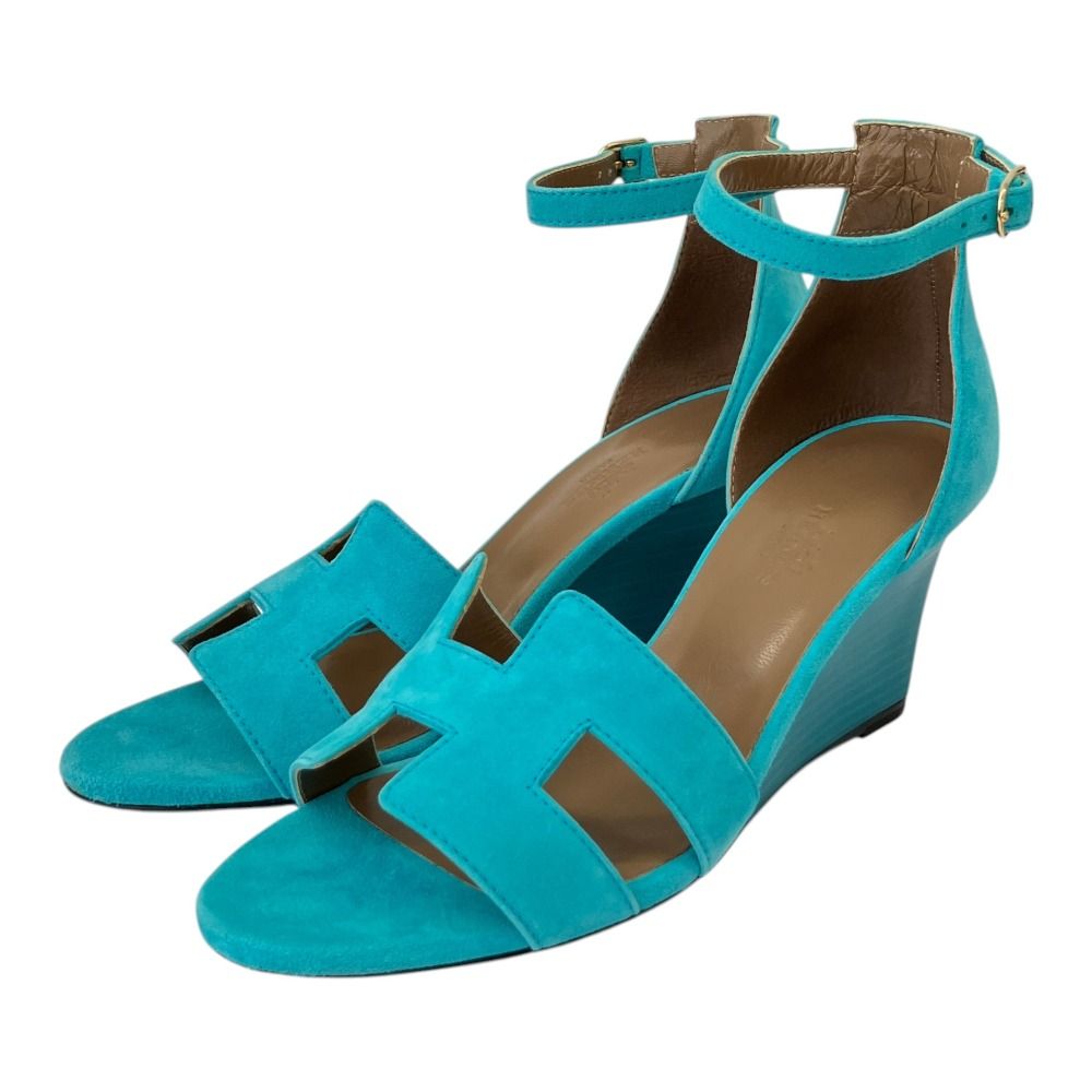 Hermes Legend H Motif Wedge Sole Sandals Turquoise Blue