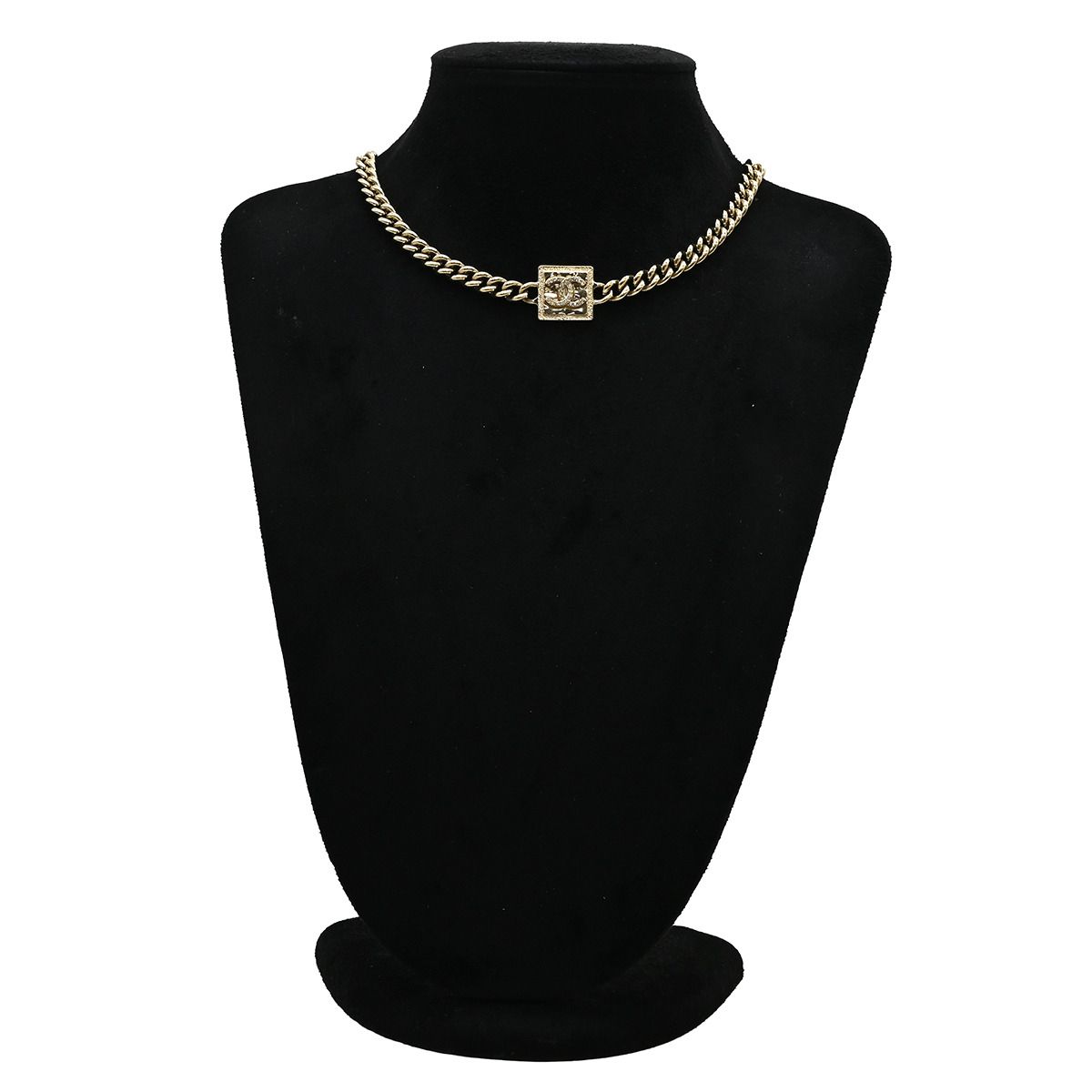 Chanel Necklace CC Logo Square Plate Rhinestone Gold CC Mark Choker Champagne — view 8