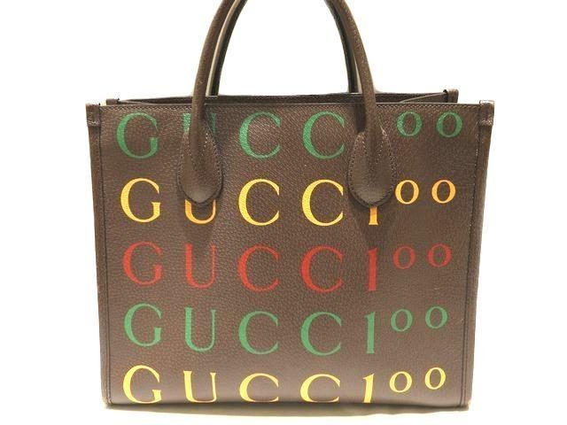 Gucci Tote Dark Brown Leather Paint Logo Handbag