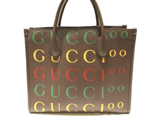 Gucci Tote Dark Brown Leather Paint Logo Handbag