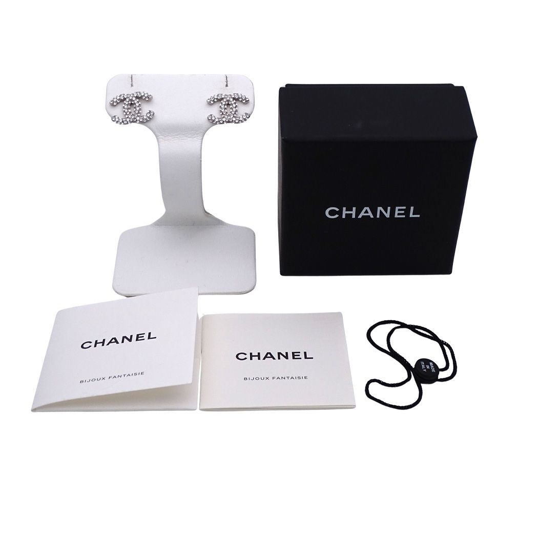 Chanel Earrings Rhinestone CC Logo Silver Small — view 7