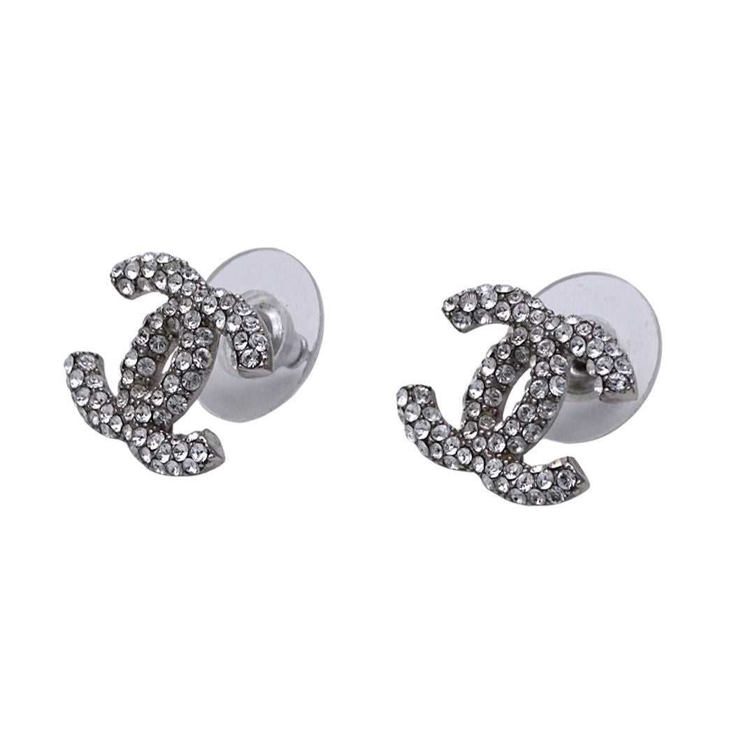 Chanel Earrings Rhinestone CC Logo Silver Small — view 3