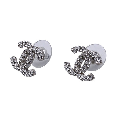 Chanel Earrings Rhinestone CC Logo Silver Small — view 3