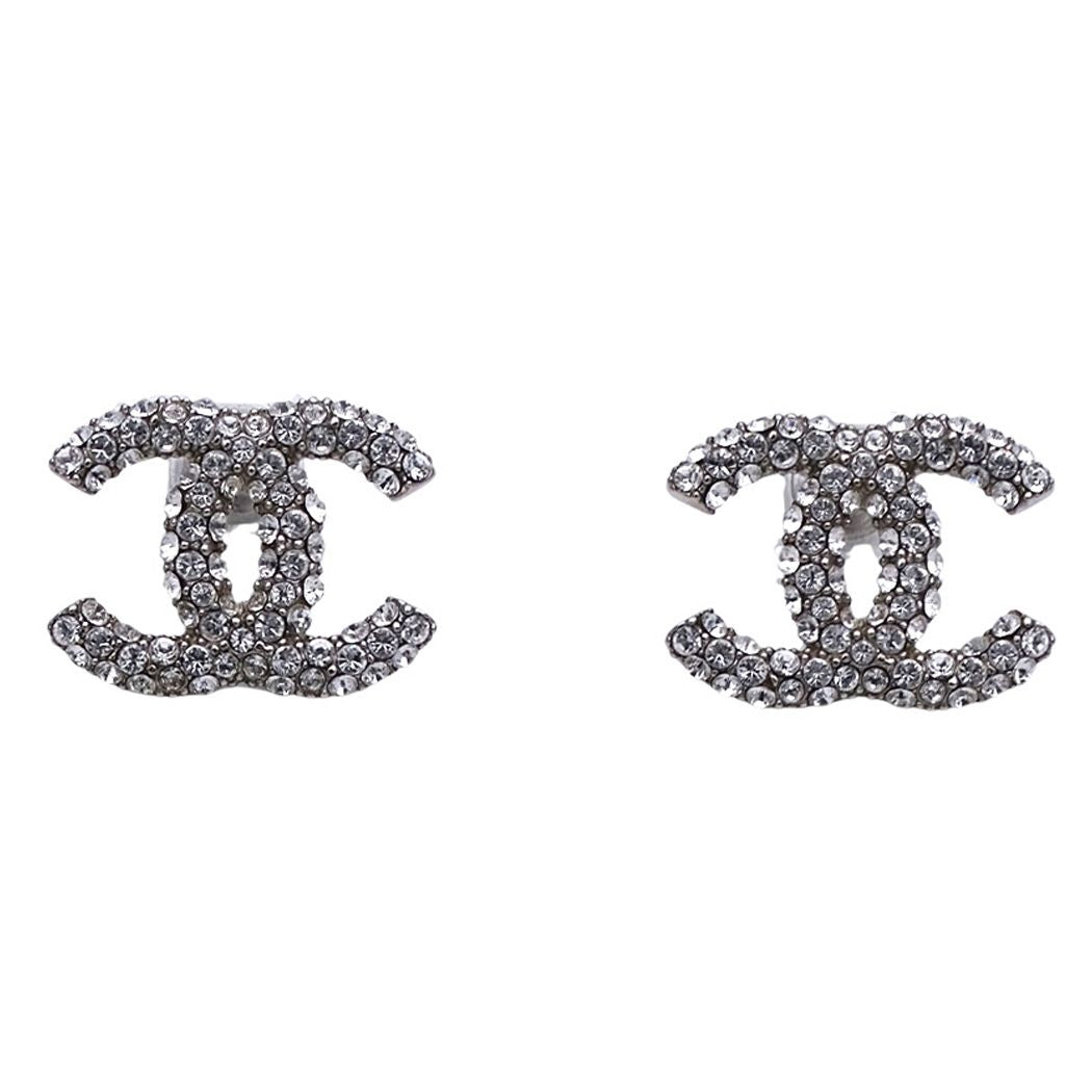 Chanel Earrings Rhinestone CC Logo Silver Small