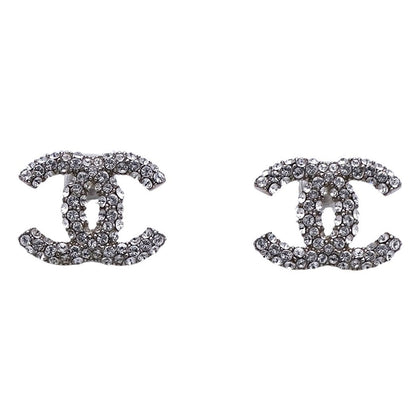 Chanel Earrings Rhinestone CC Logo Silver Small