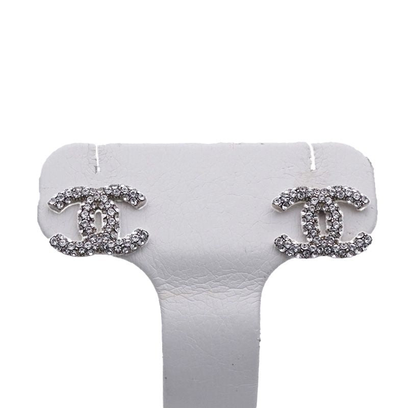 Chanel Earrings Rhinestone CC Logo Silver Small — view 2