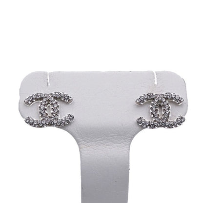Chanel Earrings Rhinestone CC Logo Silver Small — view 2