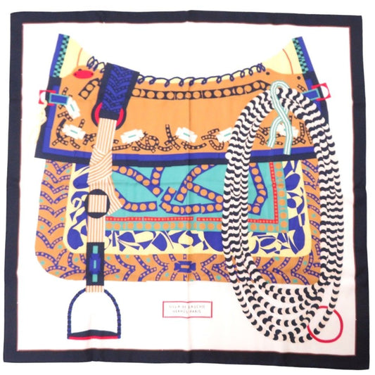 Hermes Carre 90 Silla de Gaucho Saddle Silk White Multicolor Scarf