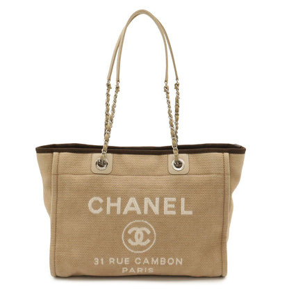 Chanel Deauville Line Tote MM Medium Chain Shoulder Bag Beige Brown Silver