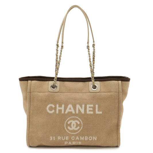 Chanel Deauville Line Tote MM Medium Chain Shoulder Bag Beige Brown Silver