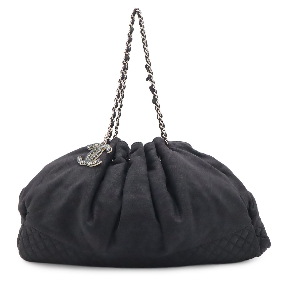 Chanel CC Logo Melrose Cabas Quilted Chain Shoulder Bag Cotton Jersey Black