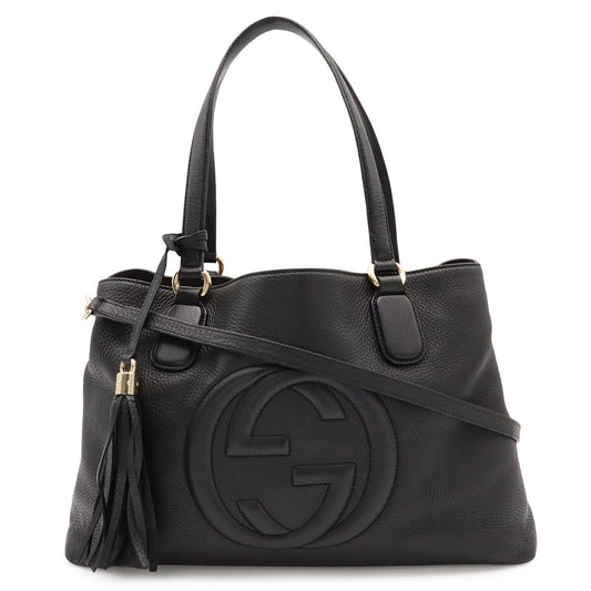Gucci Soho Tote 2-Way Shoulder Bag Tassel Fringe Leather Black Gold