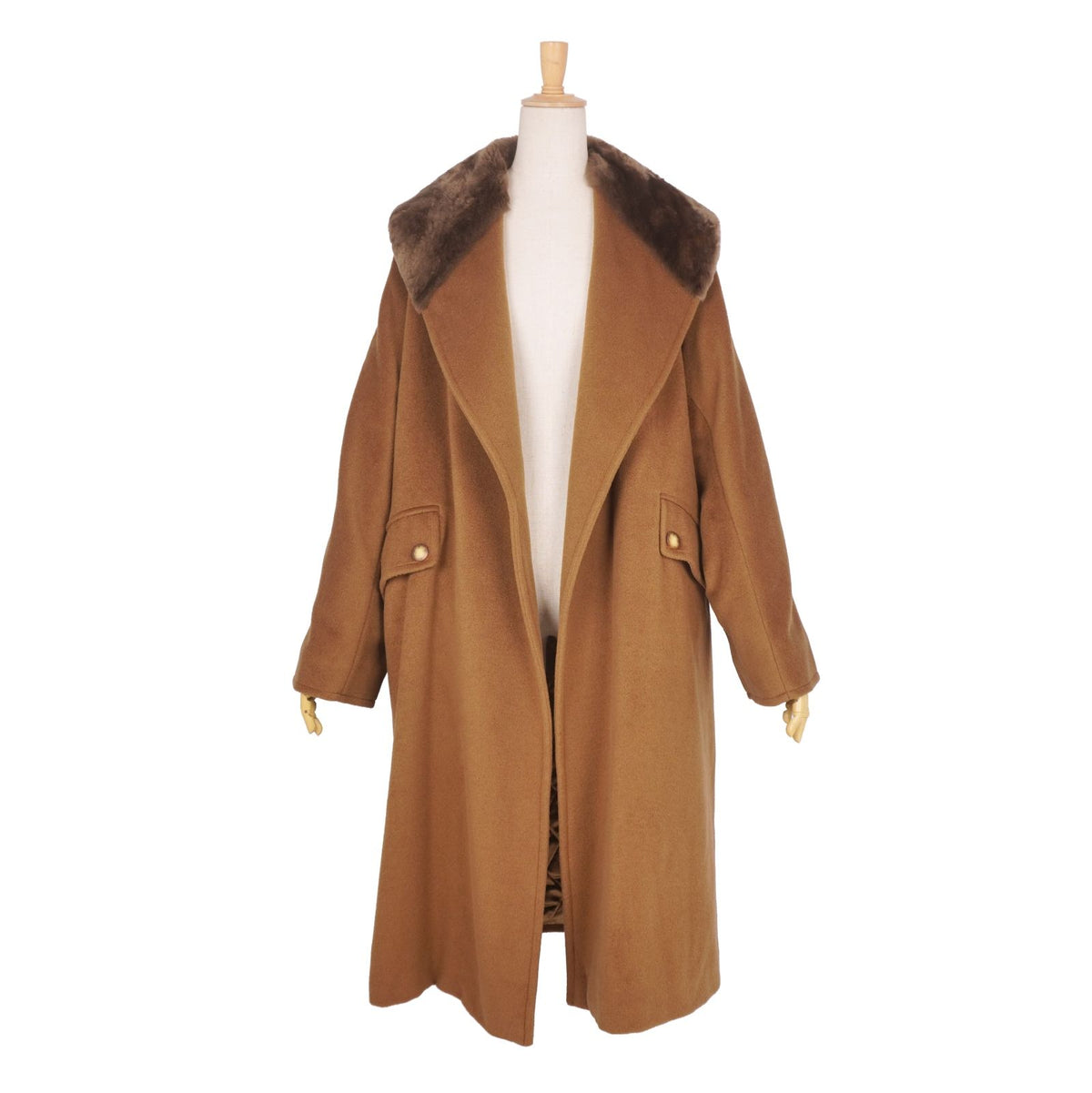 Max Mara Wool Cashmere Coat Long White Tag Buttonless Collar Fur Brown — view 4
