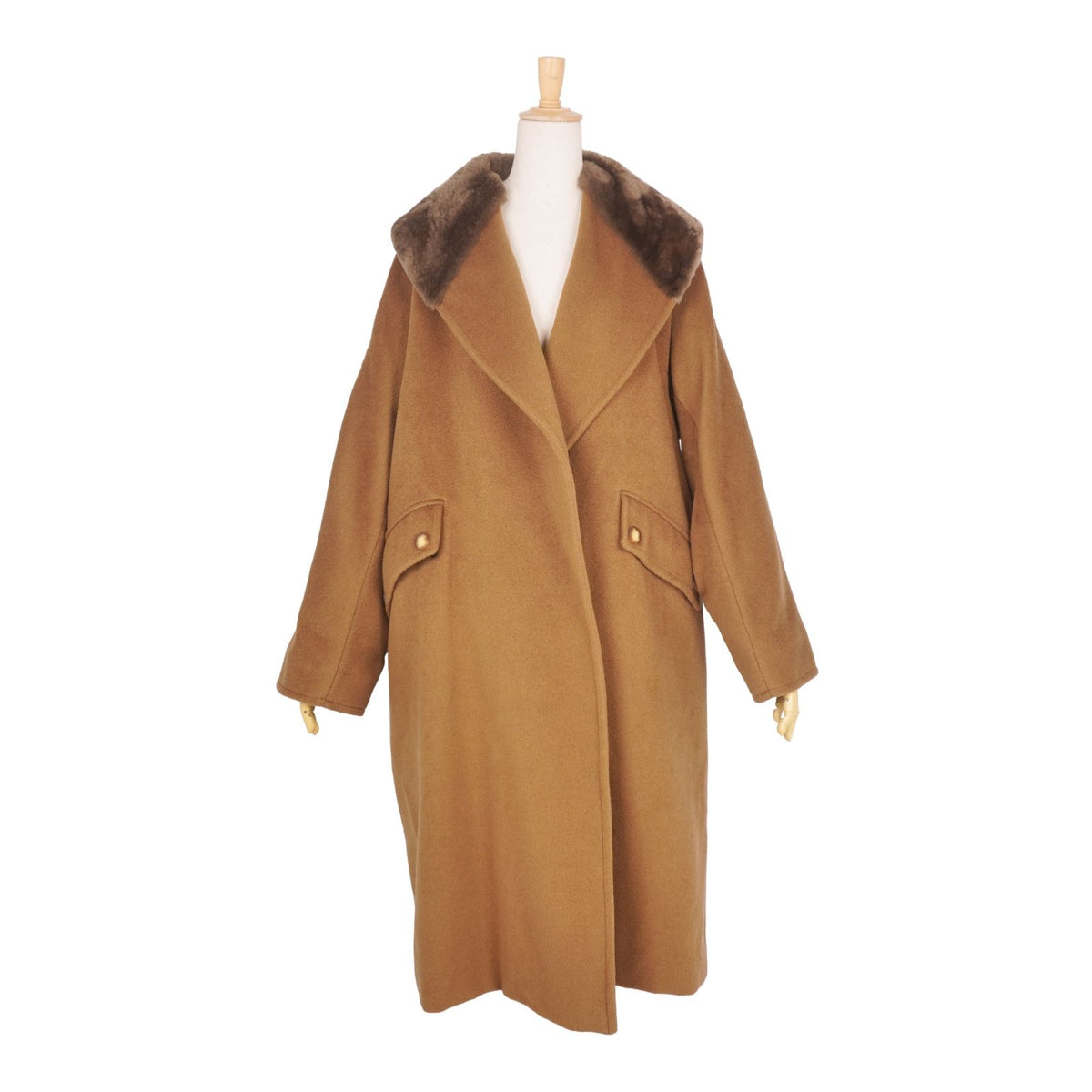 Max Mara Wool Cashmere Coat Long White Tag Buttonless Collar Fur Brown — view 3