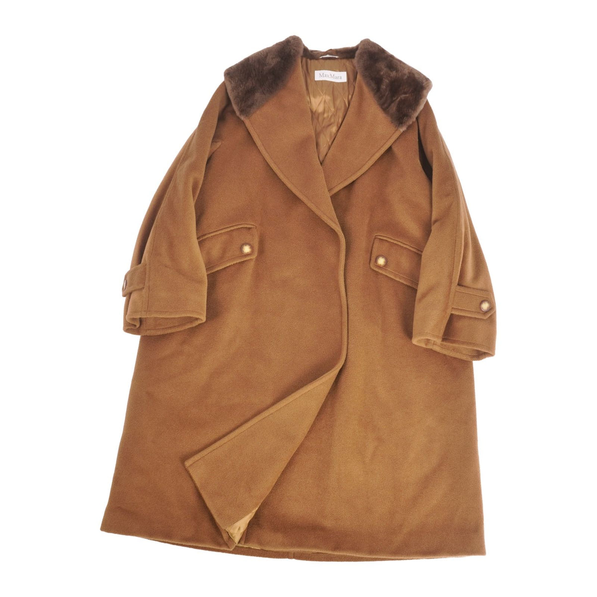 Max Mara Wool Cashmere Coat Long White Tag Buttonless Collar Fur Brown