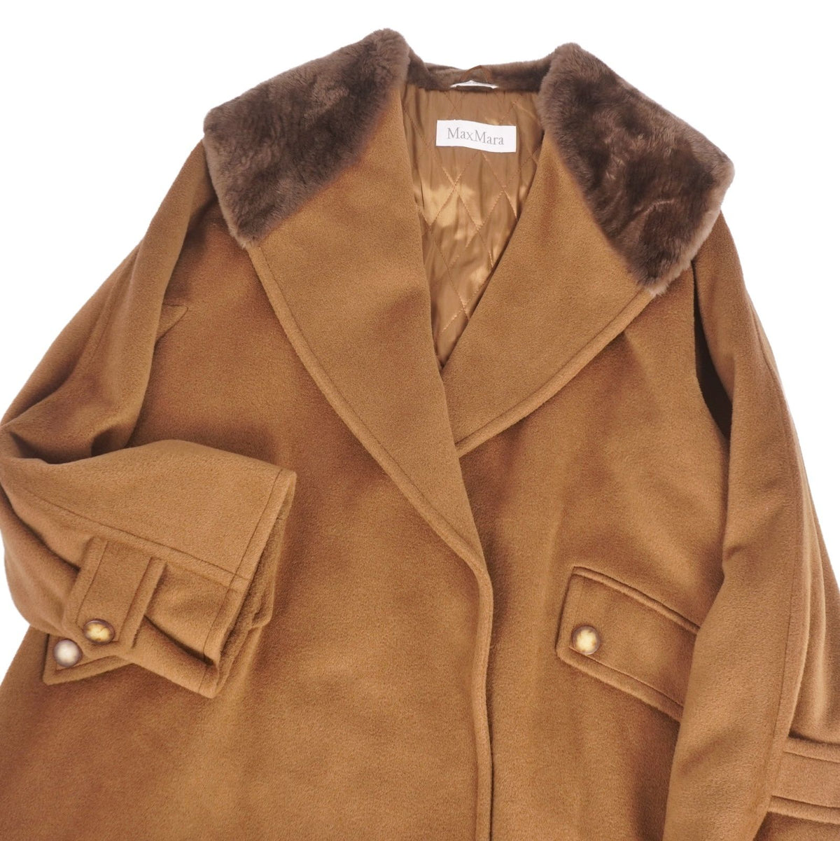 Max Mara Wool Cashmere Coat Long White Tag Buttonless Collar Fur Brown — view 2