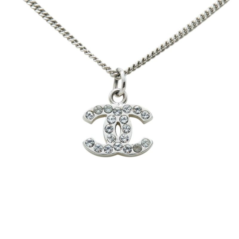 Chanel CC Logo Necklace Silver Metal Rhinestone — view 2