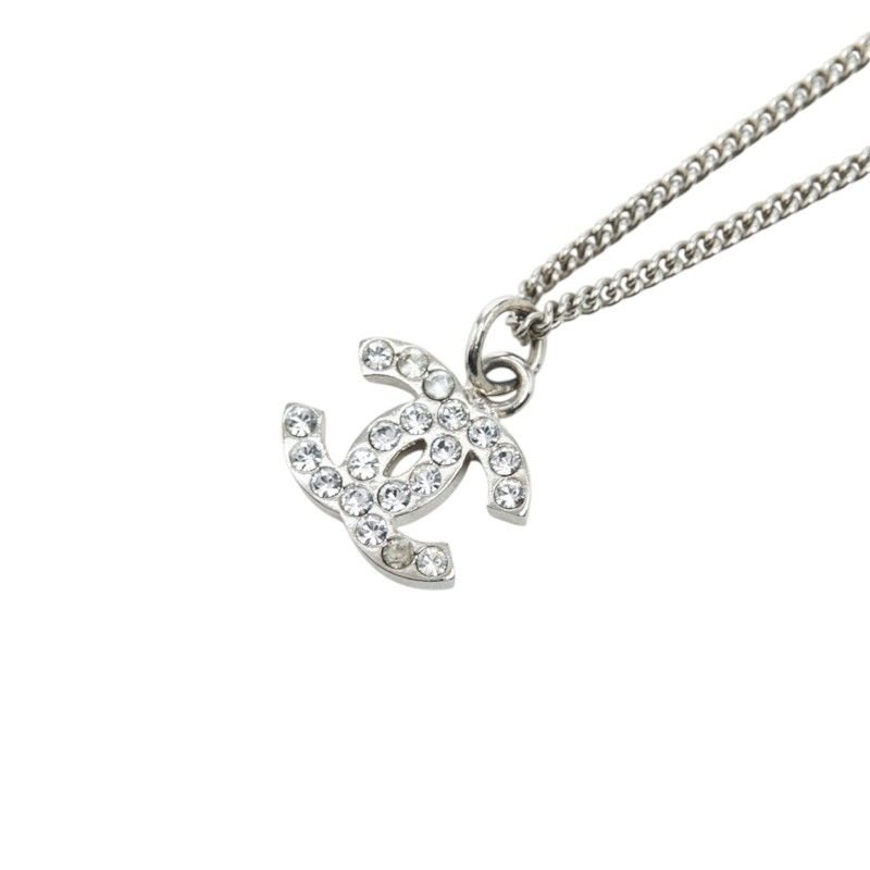 Chanel CC Logo Necklace Silver Metal Rhinestone