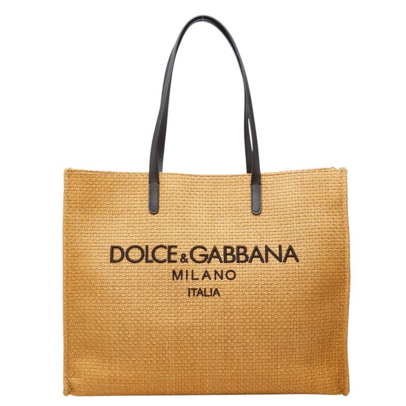 Dolce & Gabbana Logo Tote Shoulder Bag Brown Raffia Leather