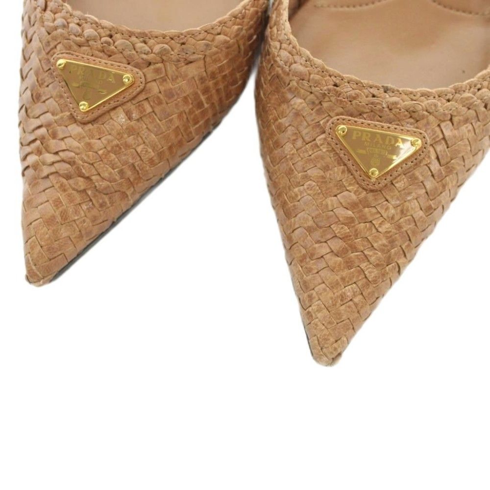 Prada Pumps Pointed Toe Woven Leather Slingback Brown Heels — view 3