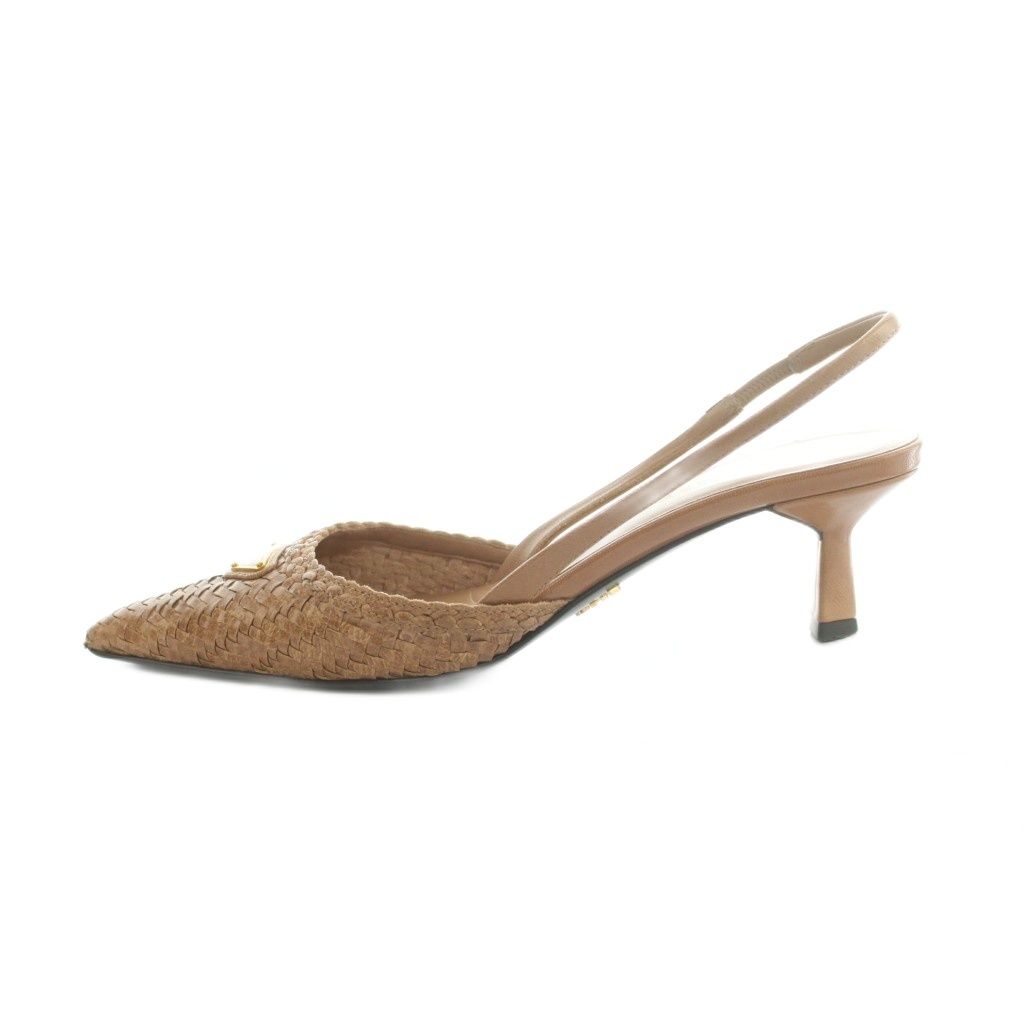 Prada Pumps Pointed Toe Woven Leather Slingback Brown Heels — view 2